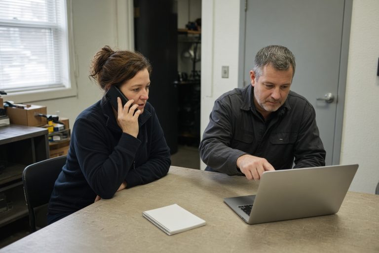 Coworkers practice a phone call at a work table — ai training in Largo