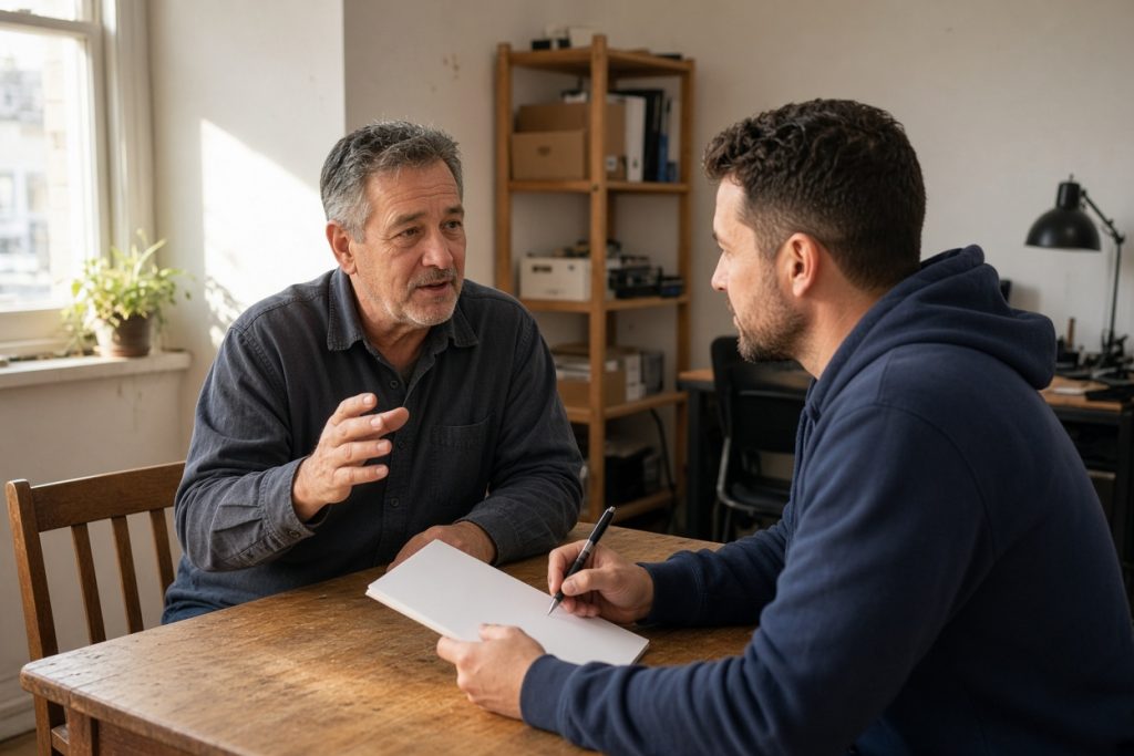 Owner talking through a staffing plan with a coach — business coaching in Clearwater