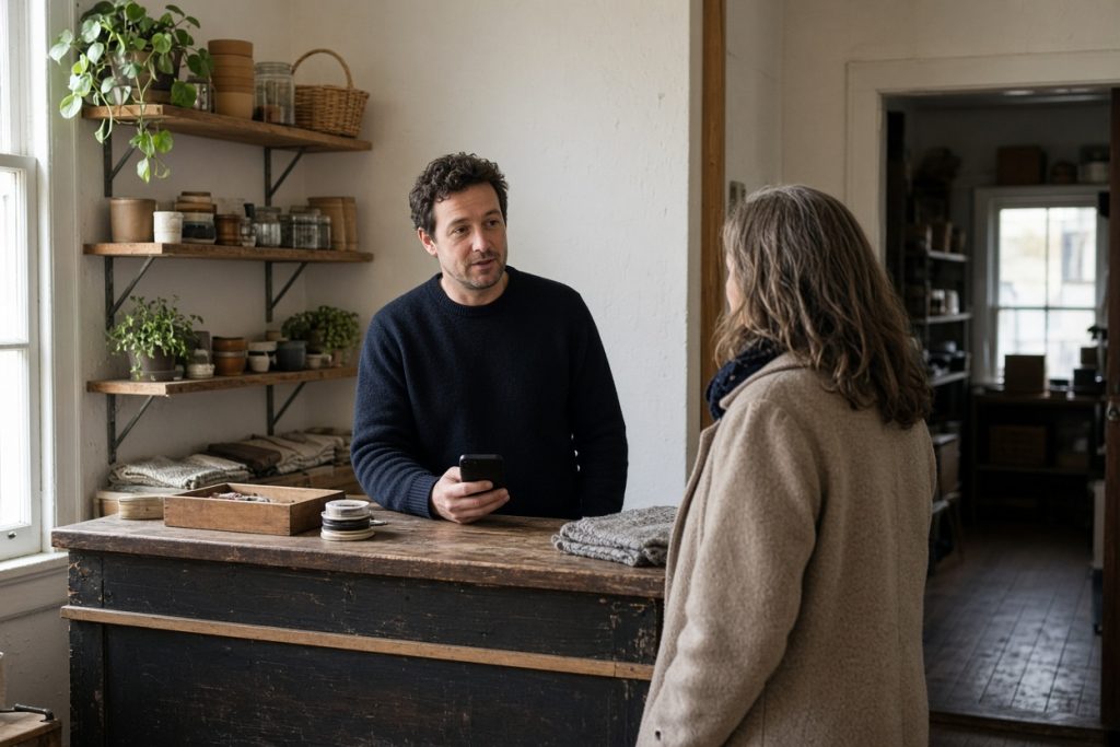 Shop owner alone behind a counter with one waiting customer — business coaching in Dunedin