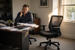 Owner on a phone call with an empty chair beside the desk — business coaching in Largo