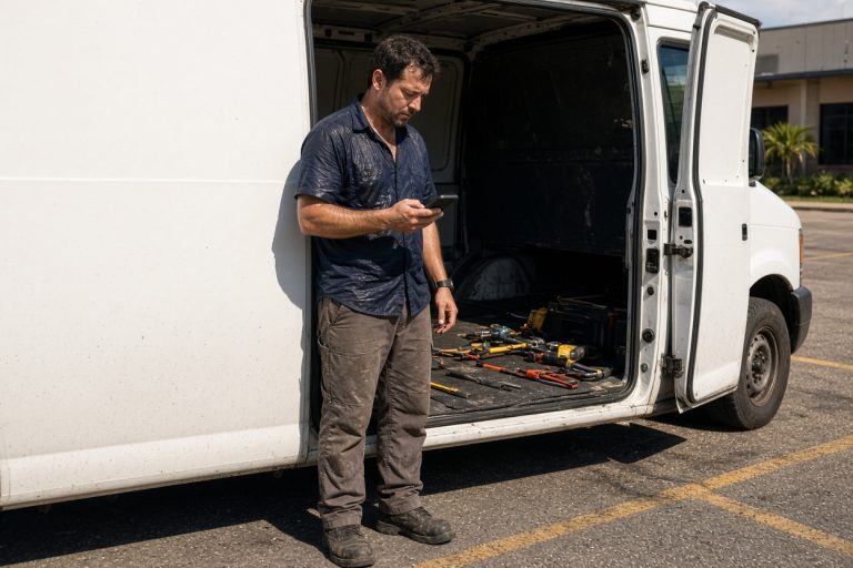 Tradesperson paused at an open work van with tools out — business coaching in Pinellas Park