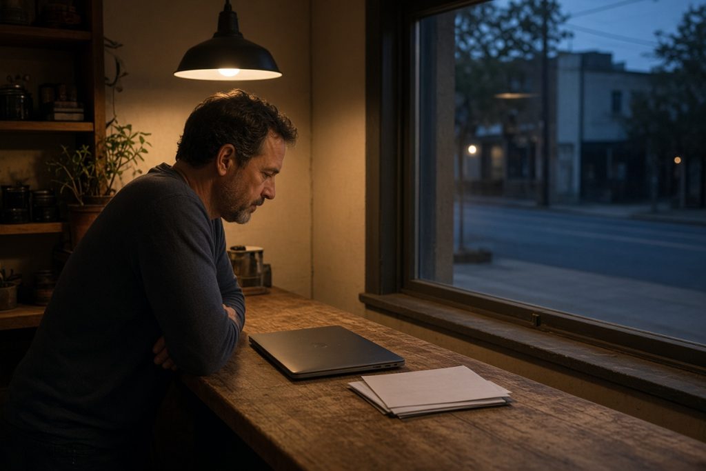 Owner alone at a shop counter after the lights dim — business coaching in Safety Harbor