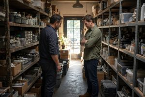 Owner and consultant in a narrow shop aisle with full shelves — business consulting in Largo