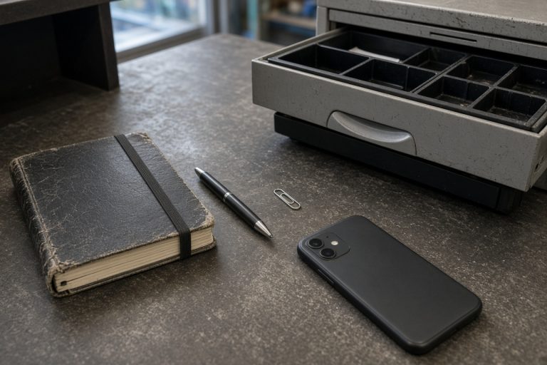 Closed notebook beside a cash drawer on a shop counter — business consulting in Pinellas Park