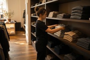 Clerk straightening folded goods on a shelf in an empty aisle — Buzzazz AI Roundtable in St. Petersburg