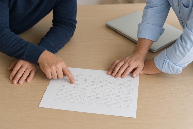 Two people reviewing a handwritten weekly grid at a table — Custom Software in Safety Harbor