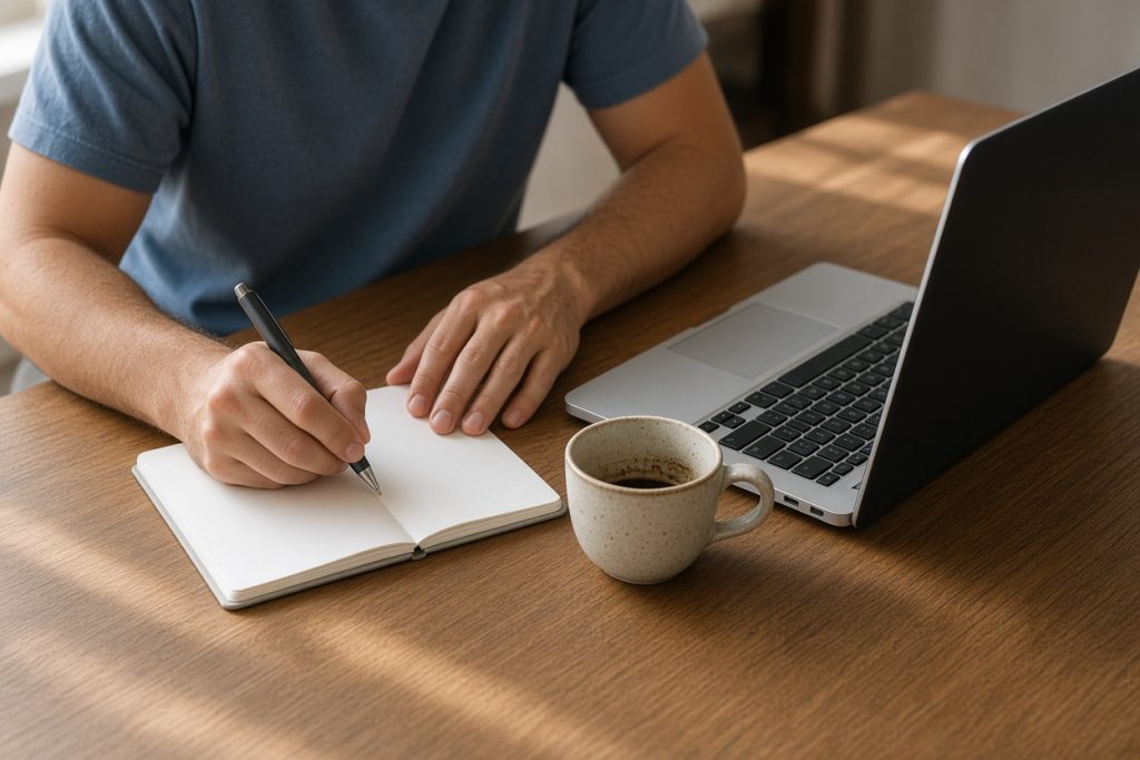 Hands writing follow-up notes beside an open laptop — networking events in Belleair Beach