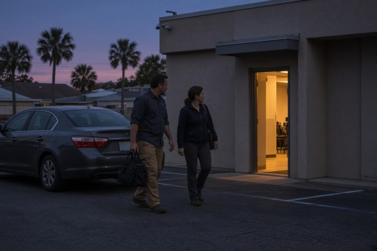 Two adults walking from a car to a lit door at dusk — networking events in Largo