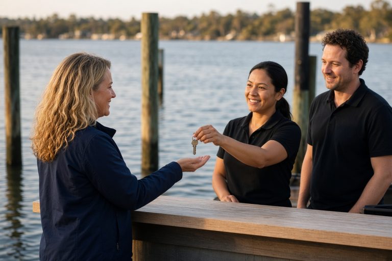 Rental staff handing keys to a guest at a waterfront desk — Sales, Management & Leadership Training in Dunedin